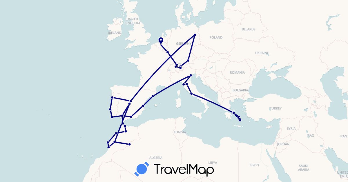 TravelMap itinerary: driving in Belgium, Switzerland, Germany, Spain, Greece, Italy, Liechtenstein, Luxembourg, Morocco, Portugal (Africa, Europe)